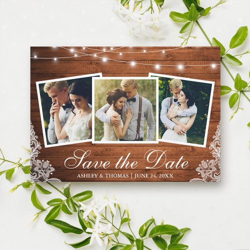 Rustic Wood Lights Lace 3 Photo Save The Date Card