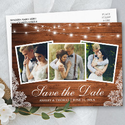 Rustic Wood Lights Lace 3 Photo Save The Date Invitation Postcard