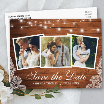Rustic Wood Lights Lace 3 Photo Save The Date Invitation Postcard by SugarandSpicePaperCo at Zazzle