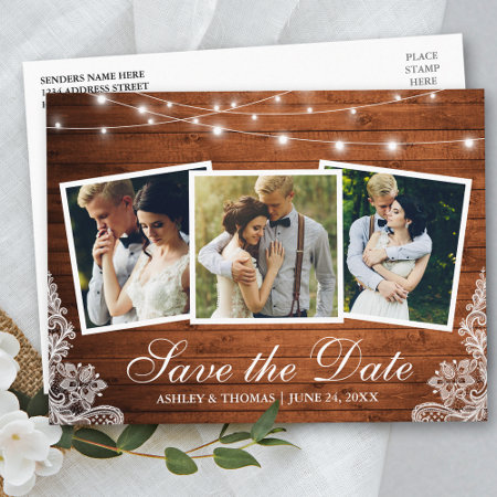 Rustic Wood Lights Lace 3 Photo Save The Date Invitation Postcard