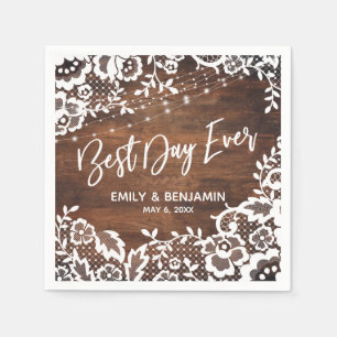 Rustic Wood Lights & Lace Best Day Ever Typography Napkins