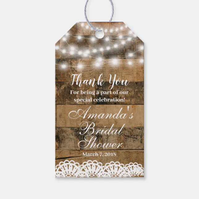 Rustic Wood Lights Lace Bridal Shower Thank You Gift Tags | Zazzle