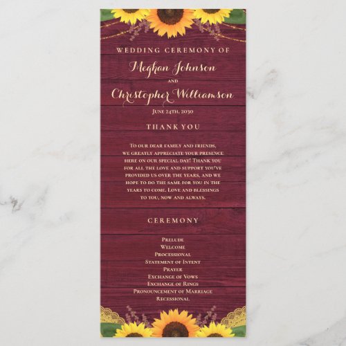 Rustic Wood Lights Lace Burgundy Sunflower Wedding Program