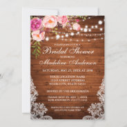 Rustic Wood Lights Lace Floral Bridal Shower Invitation at Zazzle
