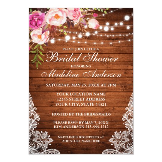 Rustic Wood Lights Lace Floral Bridal Shower Invitation | Zazzle.com