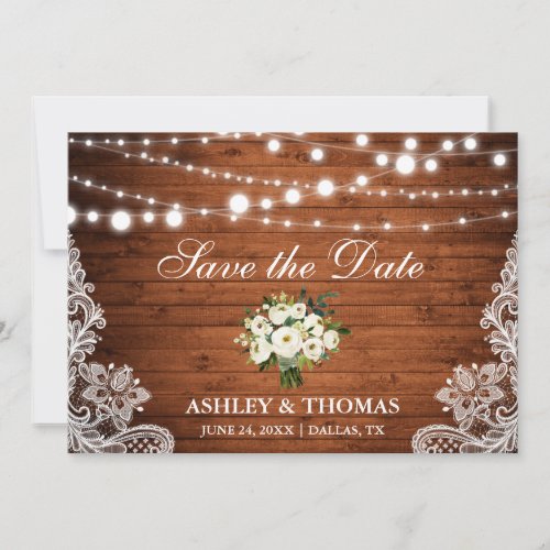 Rustic Wood Lights Lace Floral Green Save the Date