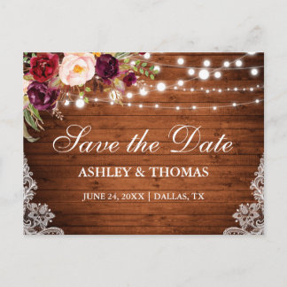 Rustic Wood Lights Lace Floral Save the Date Announcement Postcard