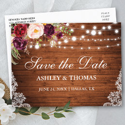 Rustic Wood Lights Lace Floral Save the Date Announcement Postcard