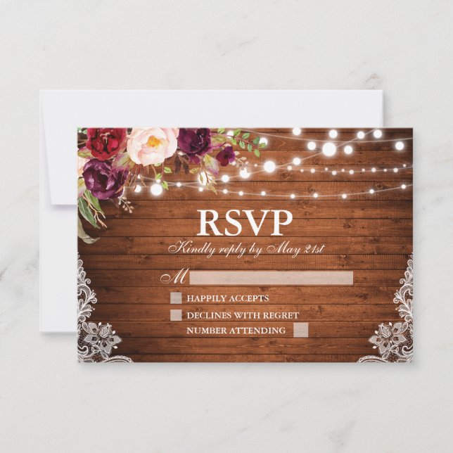 Rustic Wood Lights Lace Floral Wedding RSVP Card (Front)