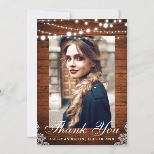 Rustic Wood Lights Lace Graduation Thank You Announcement