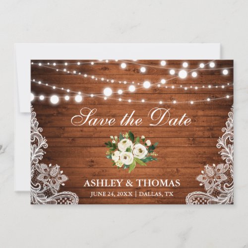 Rustic Wood Lights Lace Green Floral Save the Date