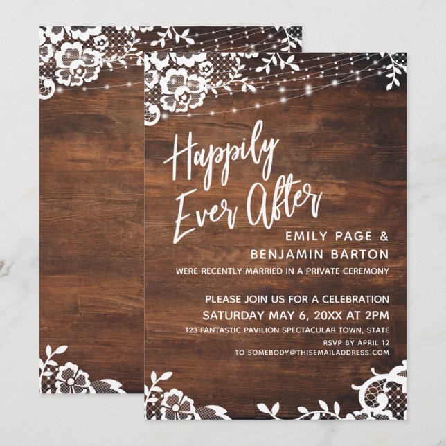 Rustic Wood Lights & Lace Happily Ever After Event Invitation (Front/Back)