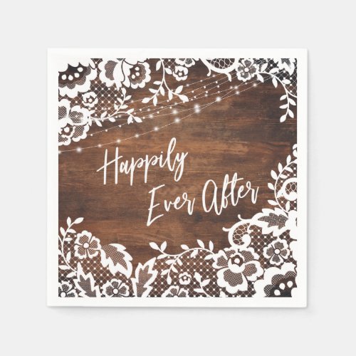 Rustic Wood Lights  Lace Happily Ever After Event Napkins