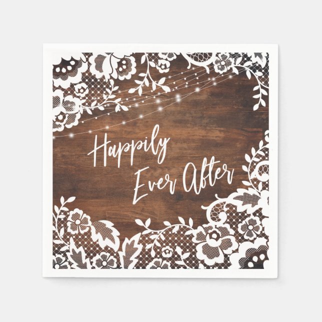 Rustic Wood Lights & Lace Happily Ever After Event Napkins (Front)