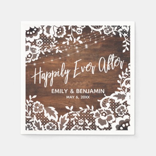 Rustic Wood Lights  Lace Happily Ever After Names Napkins