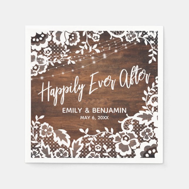 Rustic Wood Lights & Lace Happily Ever After Names Napkins (Front)