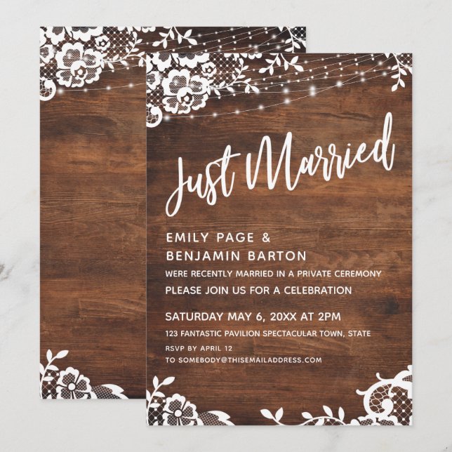 Rustic Wood, Lights & Lace Just Married Typography Invitation (Front/Back)