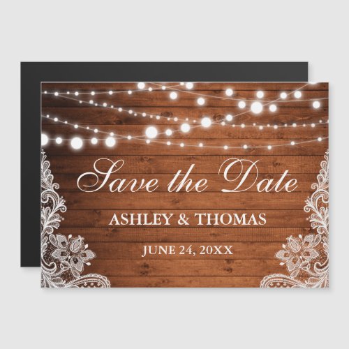 Rustic Wood Lights Lace Magnetic Save the Date