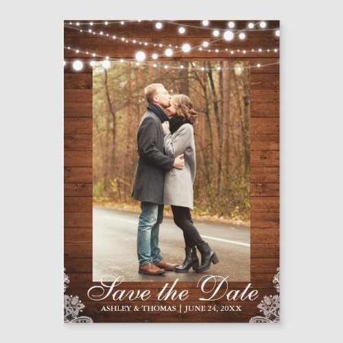 Rustic Wood Lights Lace Magnetic Save the Date L