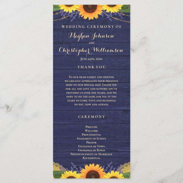 Rustic Wood Lights Lace Navy Sunflower Wedding Program (Front)