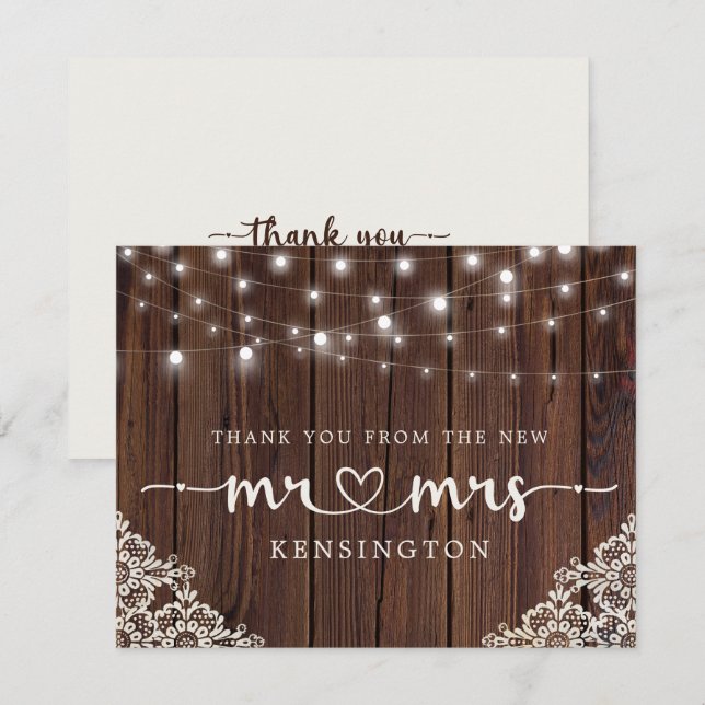 Rustic Wood Lights Lace New Mr Mrs Thank You Postc (Front/Back)