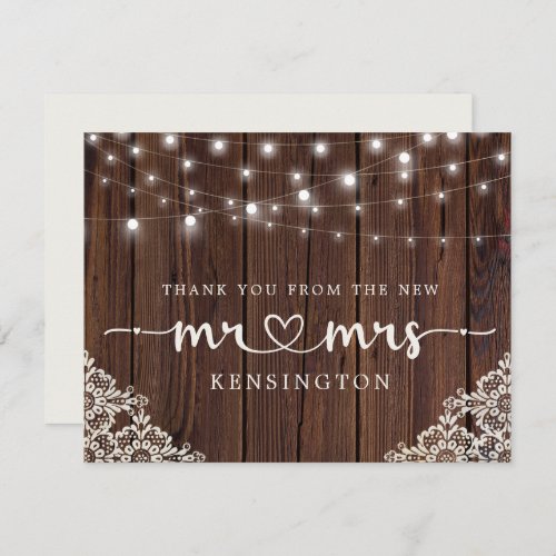 Rustic Wood Lights Lace New Mr Mrs Thank You Postc