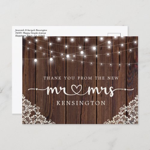 Rustic Wood Lights Lace New Mr Mrs Thank You Postcard