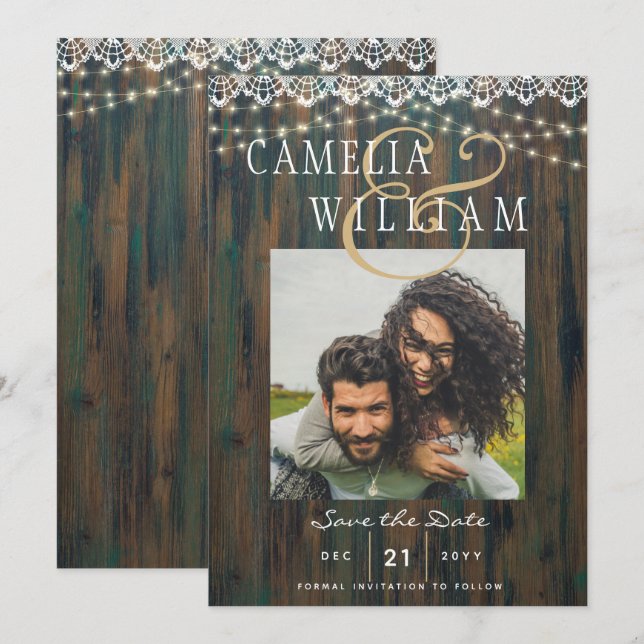 RUSTIC WOOD LIGHTS LACE PHOTO Wedding Save Date Invitation (Front/Back)