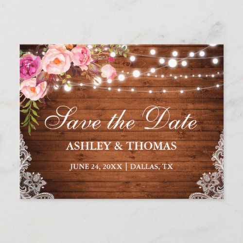 Rustic Wood Lights Lace Pink Floral Save the Date Announcement Postcard