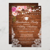 Rustic Wood Lights Lace Pink Graduation Invite (Front/Back)