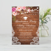 Rustic Wood Lights Lace Pink Graduation Invite (Standing Front)