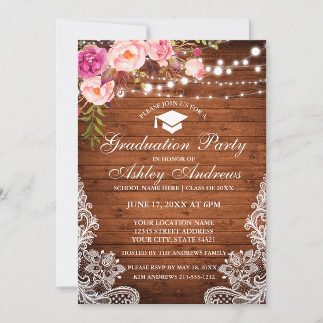 Rustic Wood Lights Lace Pink Graduation Invite (Front)