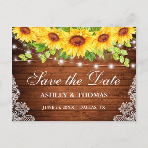 Rustic Wood Lights Lace Sunflowers Save the Date Announcement Postcard