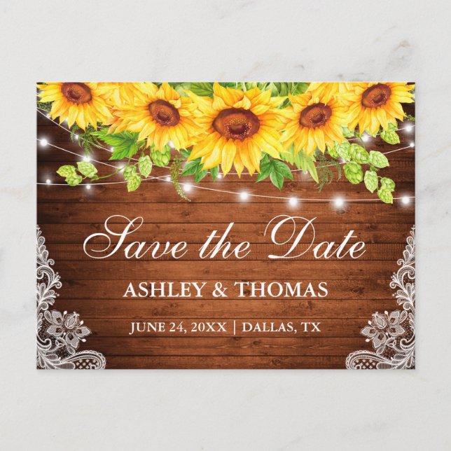 Rustic Wood Lights Lace Sunflowers Save the Date Announcement Postcard (Front)