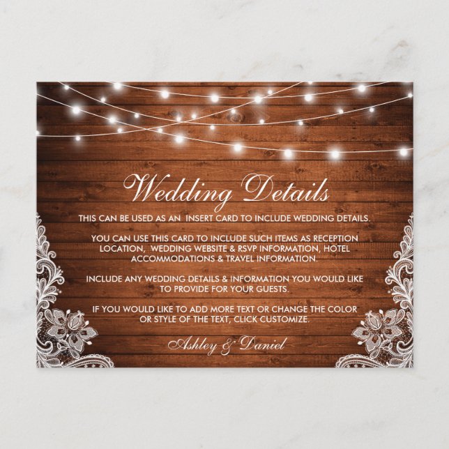 Rustic Wood Lights Lace Wedding Details Card (Front)