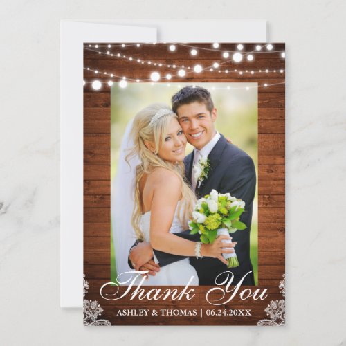 Rustic Wood Lights Lace Wedding Photo Thank You