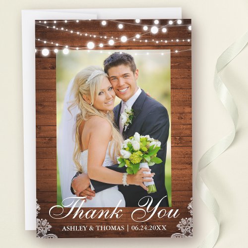Rustic Wood Lights Lace Wedding Photo Thank You