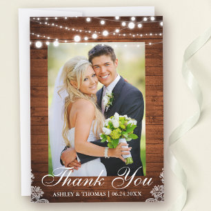 Rustic Wood Lights Lace Wedding Photo Thank You Card