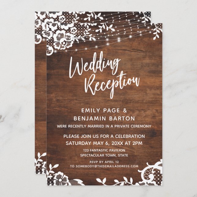 Rustic Wood, Lights & Lace Wedding Reception Invitation (Front/Back)