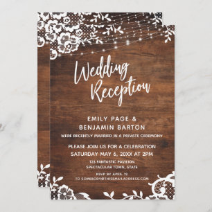 Rustic Wood, Lights & Lace Wedding Reception Invitation