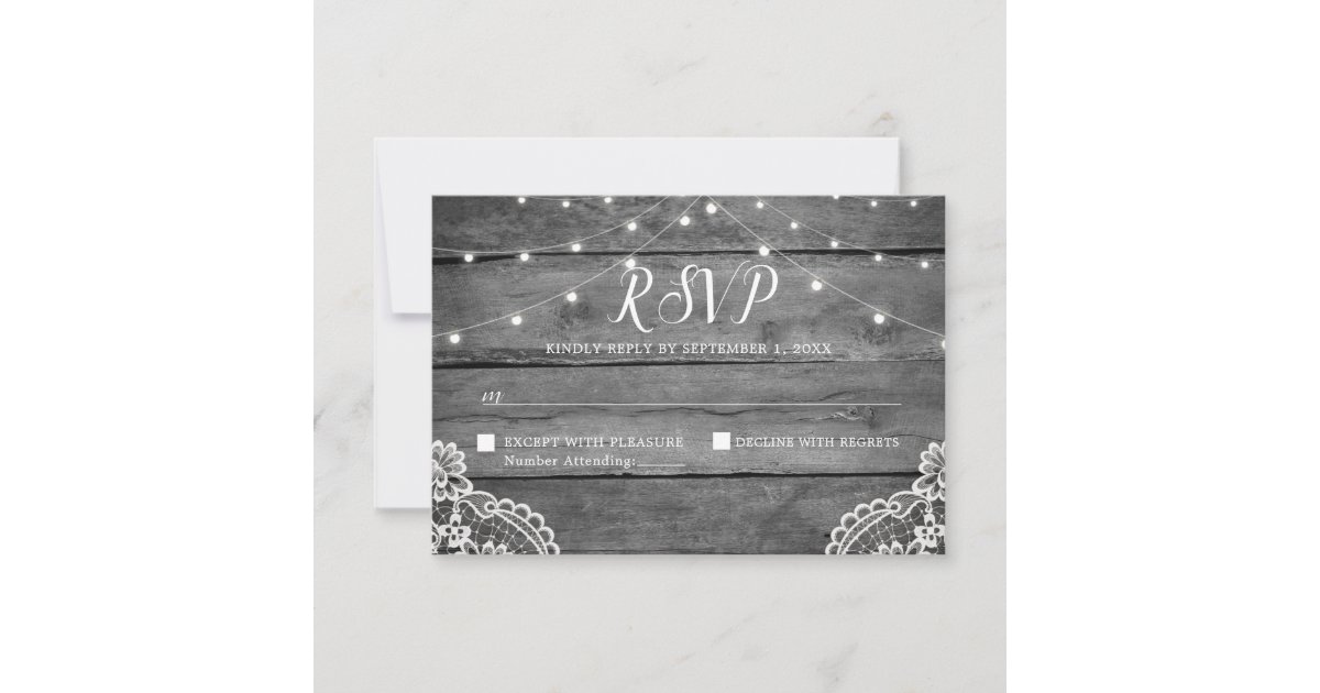 Rustic Wood Lights Lace Wedding RSVP Card | Zazzle