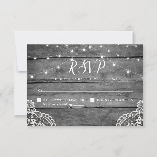 Rustic Wood Lights Lace Wedding RSVP Card (Front)