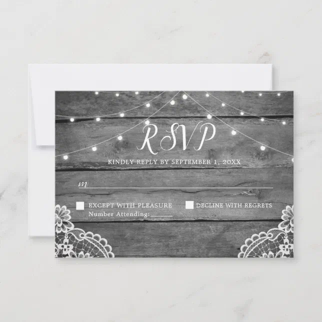 Rustic Wood Lights Lace Wedding RSVP Card | Zazzle