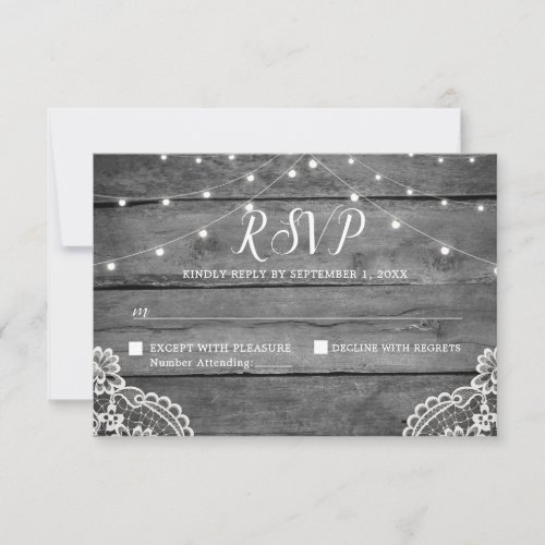 Rustic Wood Lights Lace Wedding RSVP Card