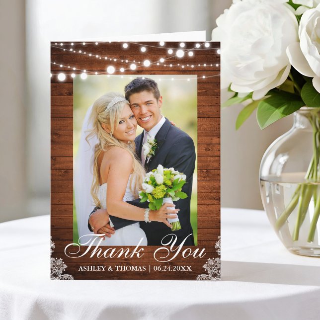 Rustic Wood Lights Lace Wedding Thank You Fold (Customize to add text to inside of card.)