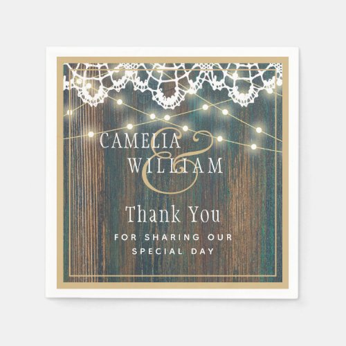 RUSTIC WOOD LIGHTS LACE Wedding Thank You Napkins
