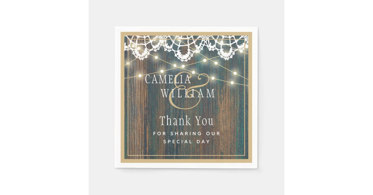 RUSTIC WOOD LIGHTS LACE Wedding Thank You Napkins | Zazzle
