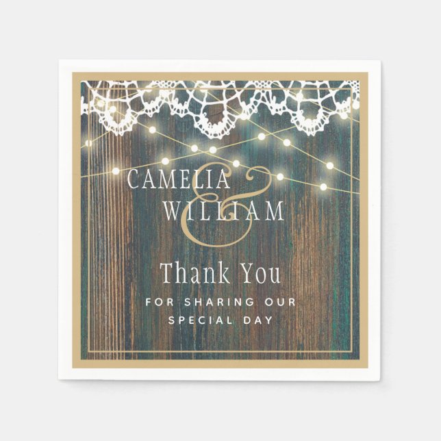 RUSTIC WOOD LIGHTS LACE Wedding Thank You Napkins (Front)