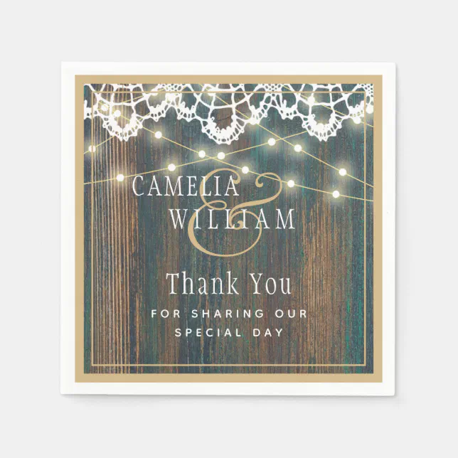 RUSTIC WOOD LIGHTS LACE Wedding Thank You Napkins | Zazzle
