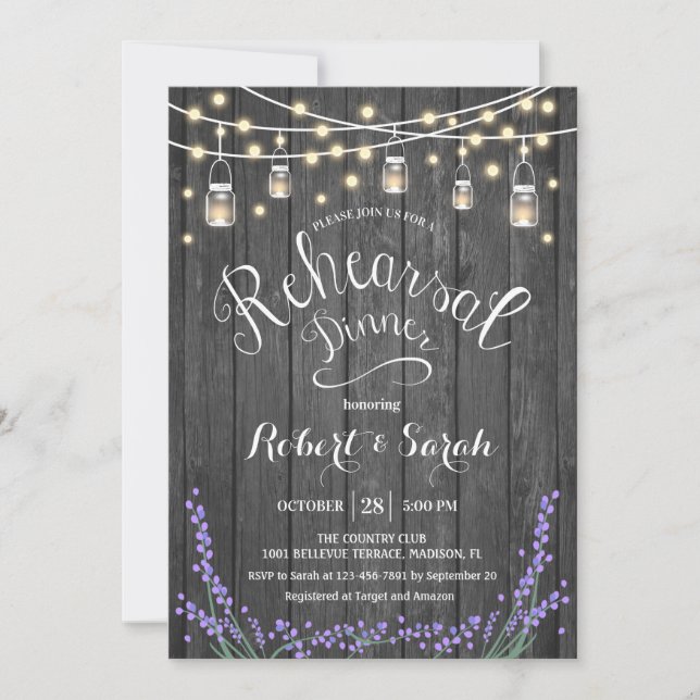 Rustic Wood Lights Lavender Rehearsal Dinner Invitation (Front)